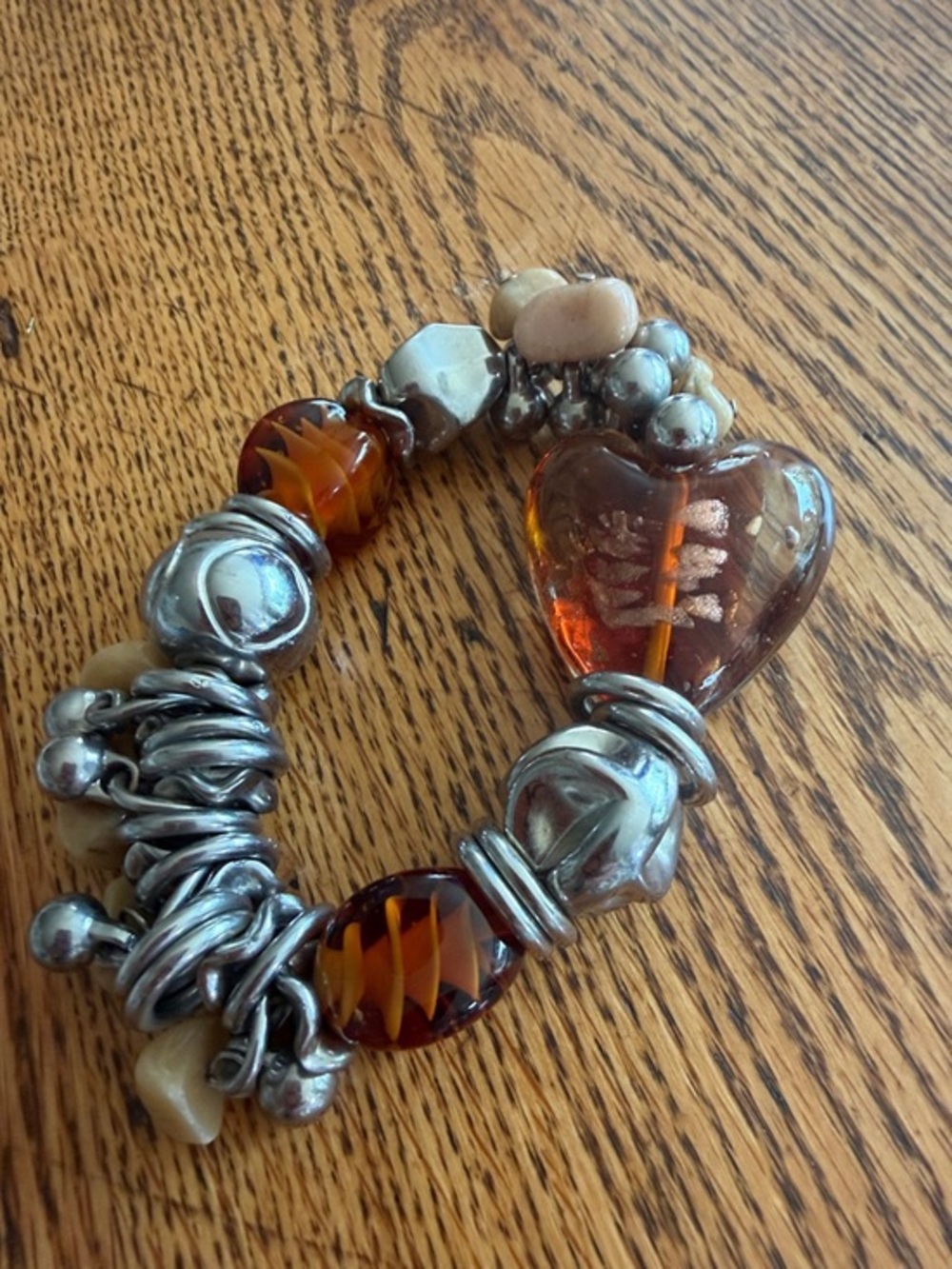 Artisan Chunky Amber Glass Heart Charm Bracelet - Women Jewelry